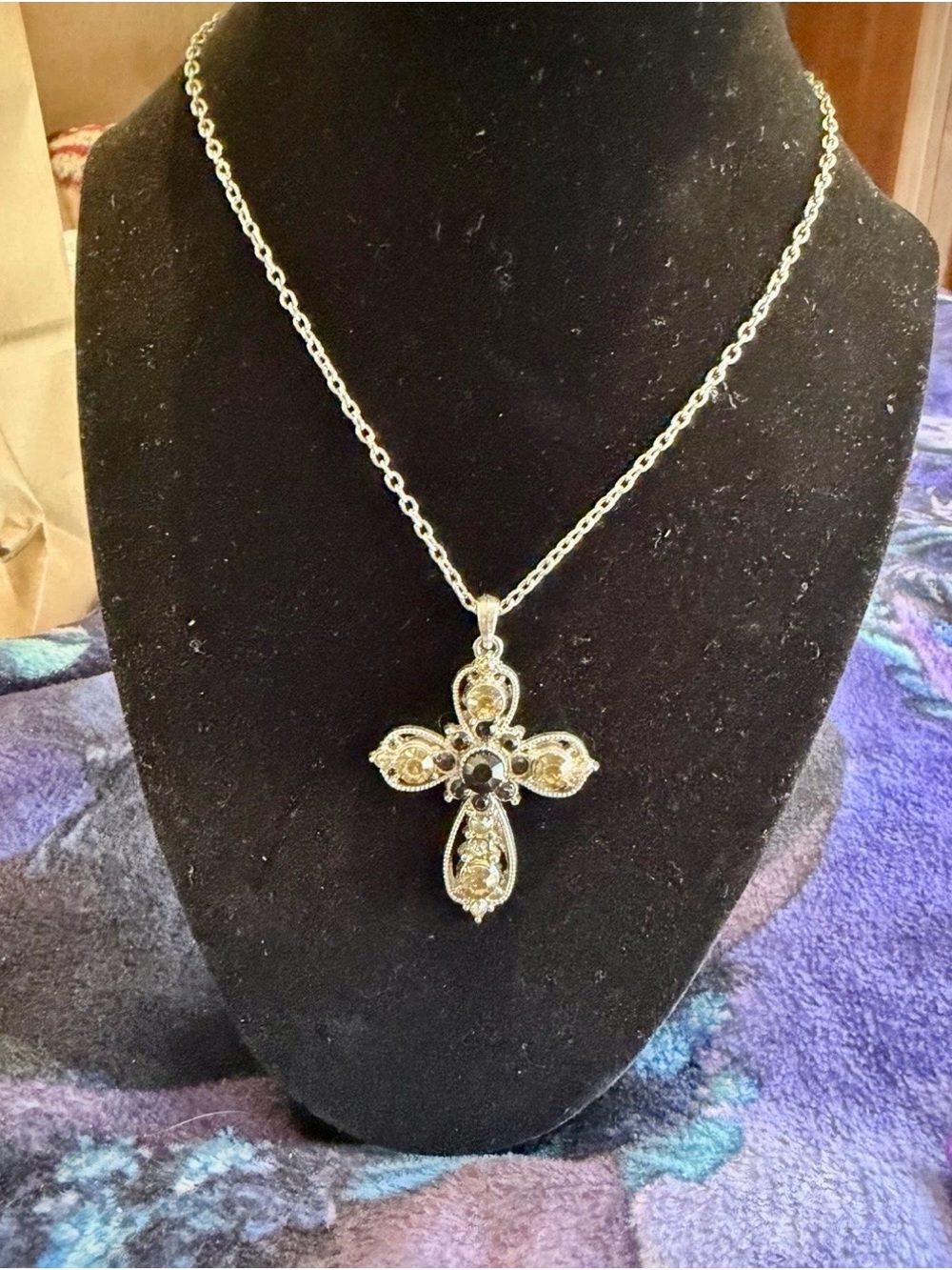 Filigree Cross Pendant Necklace in Silver-tone with Black Accent